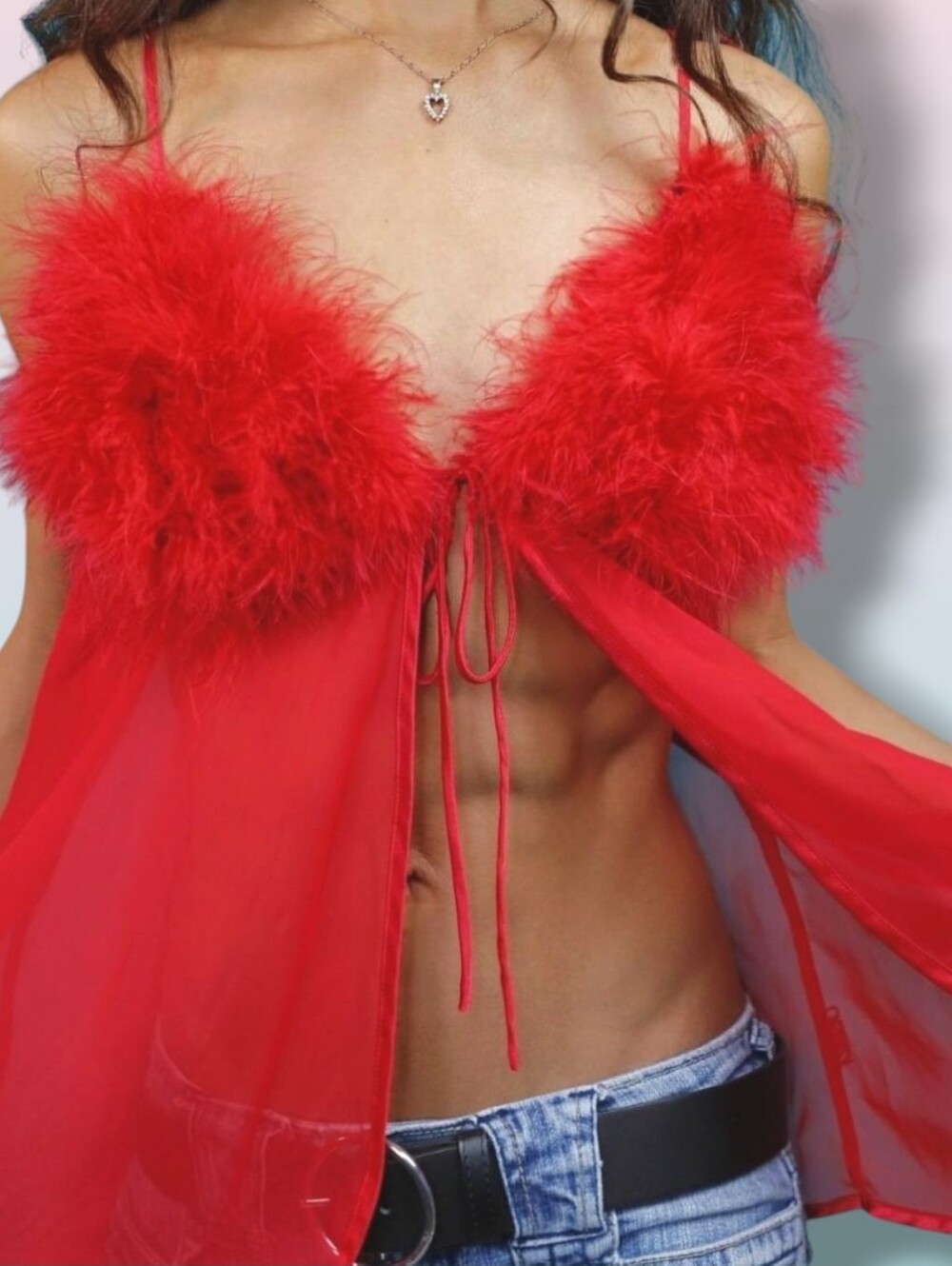 00s Red Sheer Whimsigoth Babydoll Top With Fluffy Feather Bust